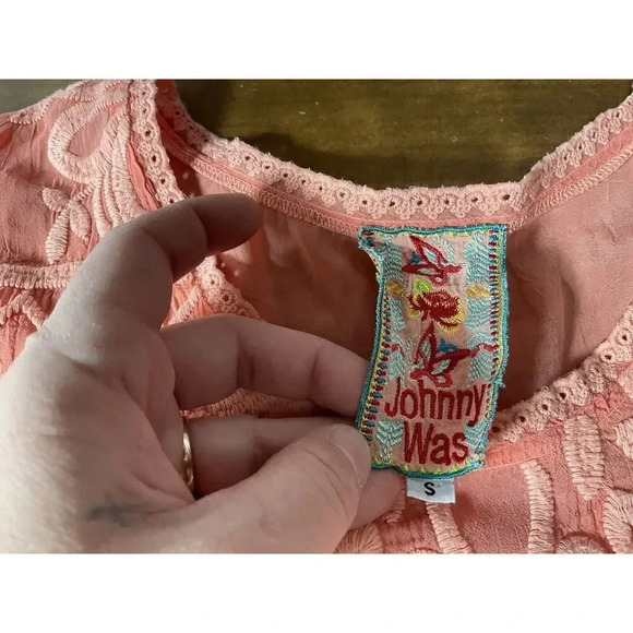 Johnny Was Coral Orange Delamo Embroidered Flared Tunic Blouse Size Small - Picture 5 of 12